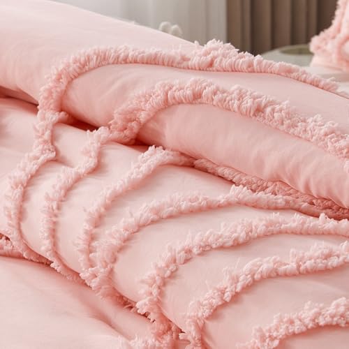 Image of ENJOHOS Pink Queen Size Comforter Bedding Set for College Teen Girls - 3 Pc Tufted Bed Set with Rainbow Design, Lightweight Fluffy Microfiber Comforter with 2 Pillowcase