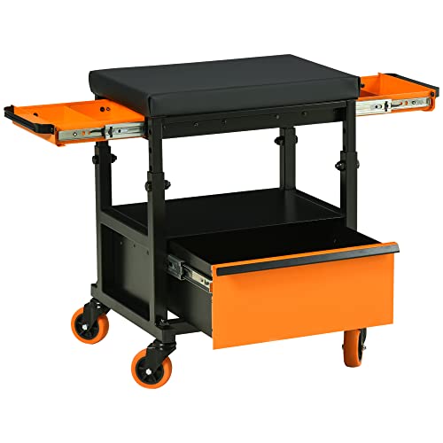 Durhand Taburete Mecánico Con Ruedas Asiento Móvil Para Taller Con Altura Ajustable 3 Cajones Y Estante Abierto Carro De Herramientas Para Garaje Carga 130 Kg 46x36,5x45 Cm Negro Y Naranja
