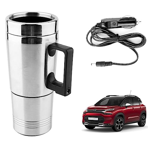 Image of Oshotto 12V Stainless Steel Car Heating Kettle /Mug, Travel Friendly electric Tea /Coffee maker Compatible with Citroen C3 Aircross (300ml) - Silver