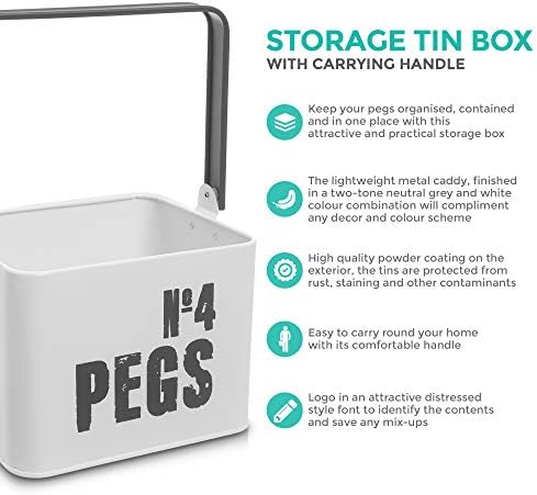 LIVIVO Enamel Coated Clothes Laundry Airer Line Pegs & Washing Accessories Storage Tin Box With Carrying Handle