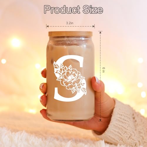 Image of Coolife Initial Glass Cup, Monogrammed Gifts for Women, 16 oz Tumbler w /Lid | Iced Coffee Smoothie Beer Tumbler w /Straw Lid - Personalized Christmas, Birthday Gifts for Woman Her Mom Friend