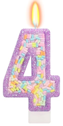 ElekFX Number 4 Birthday Candle with Sprinkles Pastel Purple Unicorn Rainbow Cake Topper Sweet Candyland Party Decorations for Girl Boy 4th Birthday