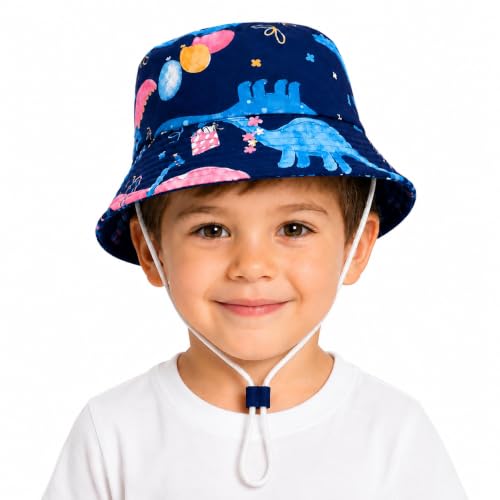 Image of VRITRAZ Unisex Kids Printed Bucket Hat | UV Protection Sun Hat with Adjustable Chin Strap & Summer Beach Travel Outdoor Cap for Toddlers & Children (4-12 Years)
