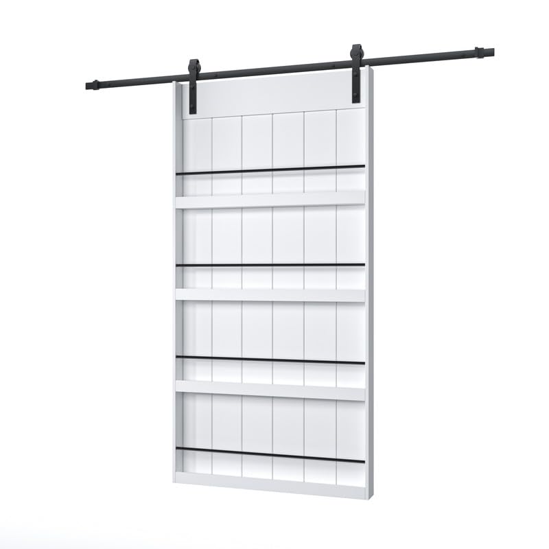 Image of 42 inch x 84 inch Sliding Barn Door with 7FT Hardware Kit Included | Paintable Book Shelf Style Barn Doors, White Primed Composite MDF Shelves, Pre-Drilled Hole, Easy Install