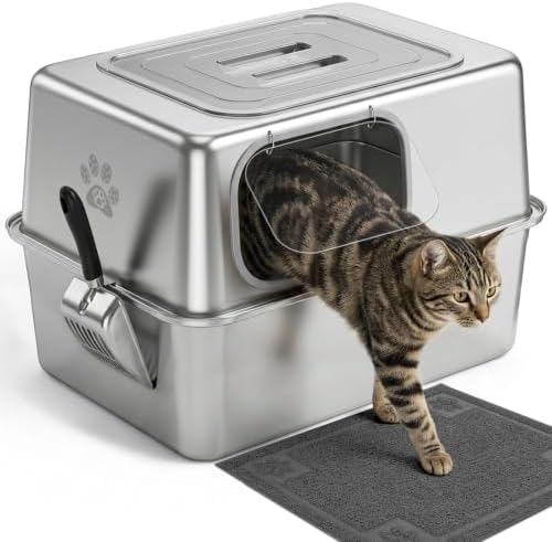 PTLOM Katzenklo Edelstahl XL, Katzentoilette Groß 48L mit Schaufel und Streumatte, Geschlossene Katzentoilette Metall für Katzen mit Deckel, Hoher Rand, Geruchsfrei, Leicht zu Rein