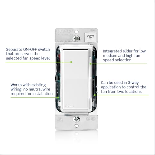 Leviton Decora Slide Ceiling Fan Wall Switch, Quiet 3-Speed Fan Control, 1.5 Amps, DSF01-10Z, White with Ivory and Light Almond Faceplates by Leviton - Image 2