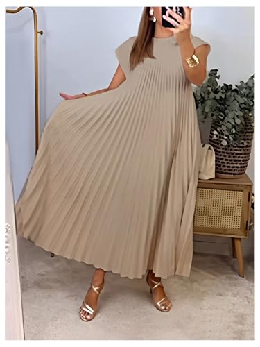 Image of GORGLITTER Women's Pleated Flowy Chiffon Church Dresses Elegant Summer Short Sleeve Wedding Guest Maxi Dress Outfits