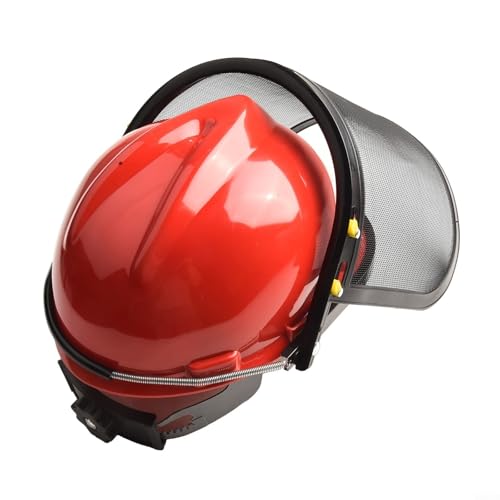 Casco de seguridad para motosierra, ajustable, con orejeras protectoras y visera de malla para todos los entornos de trabajo al aire libre, color rojo