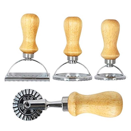 Ravioli Stamp Set, Ravioli Maker Cutter Stampwith Roller Wheel Set, Mold with Wooden Handle and Fluted Edge, Pasta Press Kitchen Attachment for Ravioli, Pasta, Dumplings Lasagna, Pierogi, Set of 4