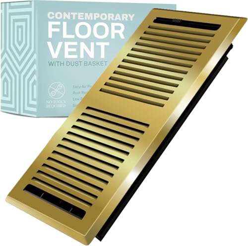 Home Intuition Contemporary Floor Vent Cover 2X12 Inch Floor Register with Mesh Cover Trap Heat and Air Walkable Metal Floor Vent for HVAC Duct, Polished Brass