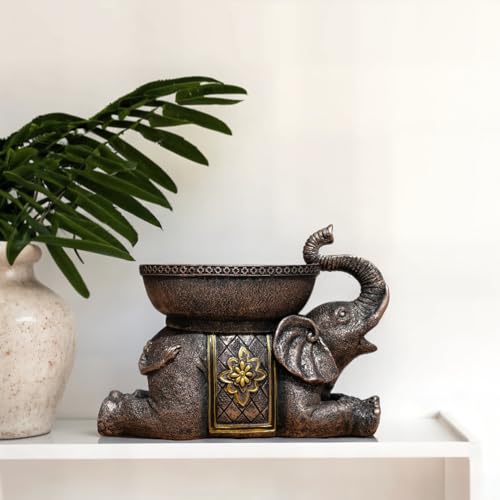 Quterhero Elephant Decor Resin Sculpture with Tray – Antique Style Animal Figurine for Home, Office, Bookshelf, TV Stand – Unique Gift for Women, Moms, Friends(Copper Elephant Tray)