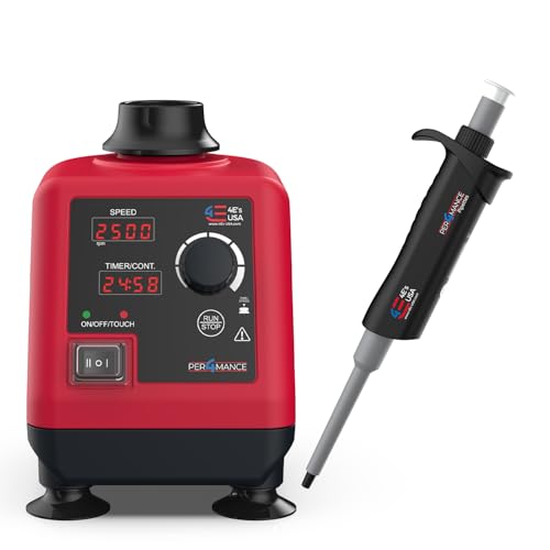 PER4MANCE 20~200µL Adjustable Single Channel Pipette with Vortex Mixer, ISO Calibrated Low Plunger-Force Ergonomic Micropipette with Autoclavable Lower and Universal Tip Cone, Ultra-Light Precise Pipe