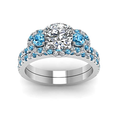 Image of Choose Your Gemstone Delicate 3 Stone Halo Wedding Set Sterling Silver Round Shape Wedding Ring Sets Ornaments Surprise for Wife Symbol of Love Clarity Comfortable US Size 4 to 12