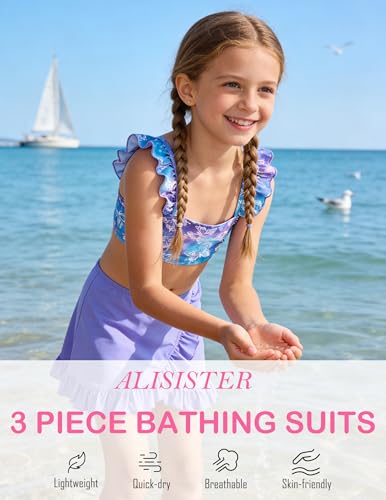 Image of ALISISTER Girls Swimsuit 3 Piece Bathing Suits Summer Bikini Tankini Sets with Cover Up Skirt for 4-12 Years