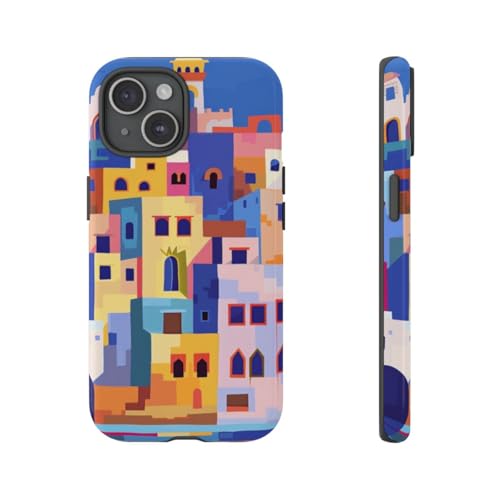 Coque iPhone 15 rigide anti-rayures illustration ville côtière