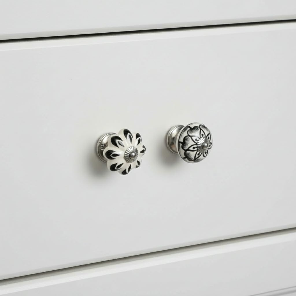 nacnic Pack of 12 Black & White Hand Painted Vintage Cabinet Cupboard Door & Drawer Pulls Chrome Hardware (12, Black & White)