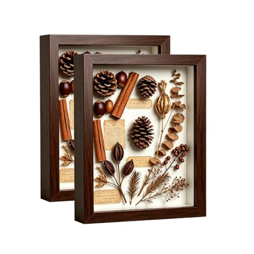 8x10 Shadow Box -2Pack Walnut Color Wooden Deep Picture Frame with Glass Front for Wall Decor | 3D Display Case for Military Medals, Flowers, Photos & Crafts | Easy to Open & Ready to Hang Gift Idea