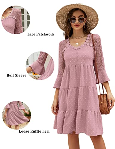 Missky Babydoll Dress For Women Lace Half Sleeve A Line Swing Dress Cute Swiss Dot Mini Dress Pink Medium #TOP4