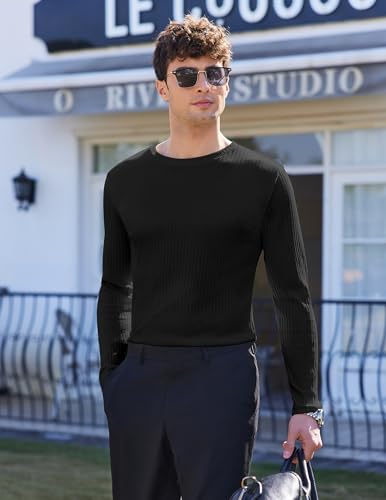 Ekouaer Thermal Hombre Invierno Manga Larga Transpirable Suéter de Canalé Negro XXL