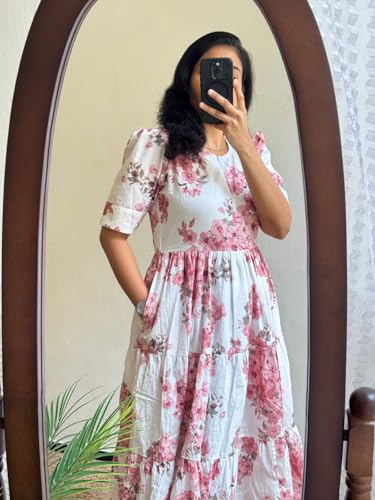 Image of Women's Rayon Floral Printed Midi Dress Short One Piece | Casual Wear