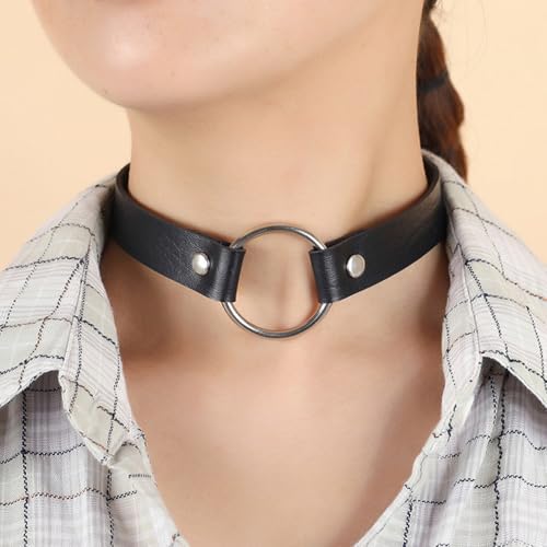CALFOVERA Verstellbares PU Leder Choker Halsband Für Frauen O Ring Gothic Style Lederhalsband Mit Kettengliedern Schwarzes Punk Design Kurzes Kreishalsband Mit Niete Für Kostümschmuck Halloween Party