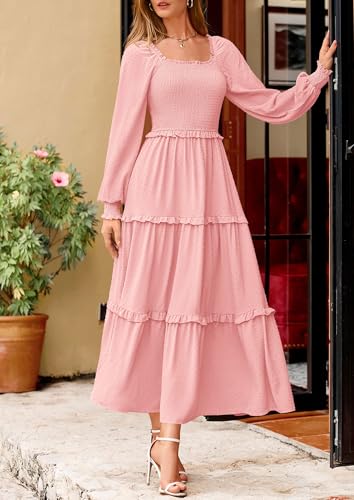 PRETTYGARDEN Fall Dresses for Women 2025 Long Sleeve Smocked Square Neck Swiss Dot Tiered Flowy Wedding Guest Maxi Dress