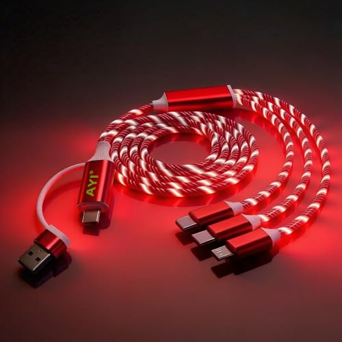 Image of AYI 6 in 1 USB LED Charging Cable, 39in Dynamic Flowing Light Cord, Flexible PVC Tangle-Free Wire, Smart Chip with Trickle Charge, Universal Data Sync Cable for Phones, Tablets, and More, Red.