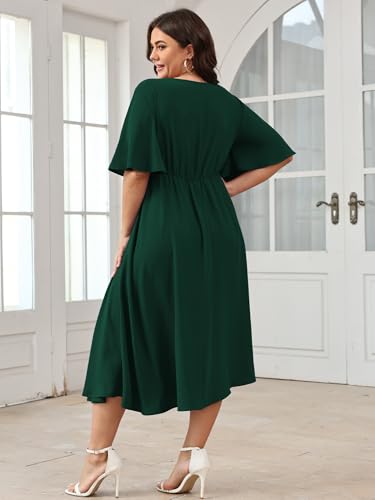 Image of SCOMCHIC Women Plus Size Midi Dresses Wedding Guest Short Sleeve V Neck Tie Waist Casual Summer Flowy A Line Dress