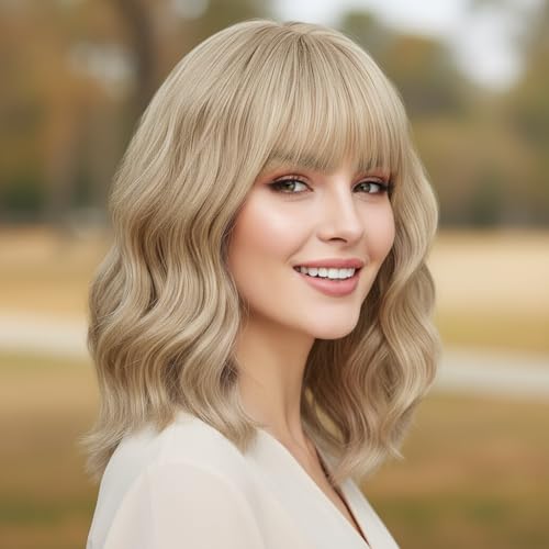 Image of AGO Mixed Blonde Bob Wavy Wigs with Bangs, Short Grey Blonde Bob Wig Loose Wave Synthetic Hair Heat Resistant Fiber Synthetic Wig for Daily Party Halloween Cosplay Use(Mixed Blonde)