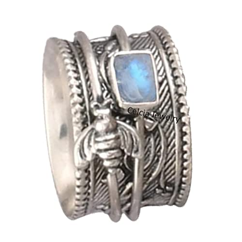Genuine Moonstone Spinner Ring, Pure 925 Sterling Silver Honey Bee Boho Designer Handmade Anxiety Worry Meditation Thumb Band Spinning Jewelry, June Birthstone