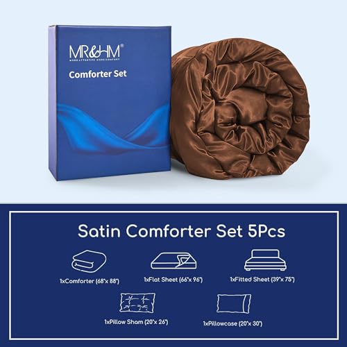 MR&HM Satin Comforter Twin 5 Pieces - Luxurious Pinch Pleat Bedding Set with Comforter, Flat Sheet, Fitted Sheet, Pillowcase & Sham, Super Silky Soft Bed Set for All Season (Twin, Brown)
