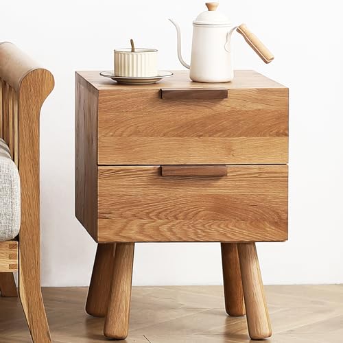 Fetuero Solid Oak Wood Nightstand with 2 Drawers, Mid Century Modern Bedside Table, Wooden Small Side Table with Storage for Bedroom Living Room, Single, Natural Wood