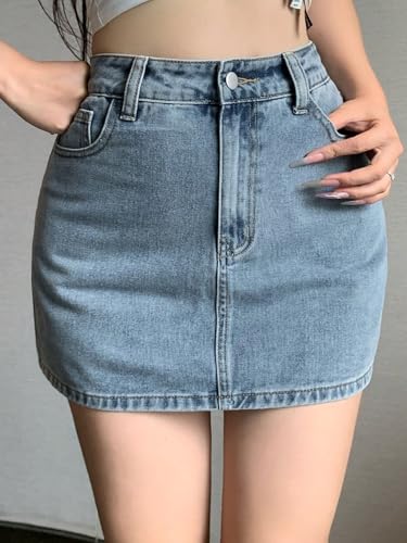 Image of Lymio Skirts for Women | Denim Mini Skirt | High Waisted Light Blue Jean Skirts for Women | Casual Short Pencil Skirt with Pockets | Slim Fit Stretch Denim Bottoms (LWHP-62-63)