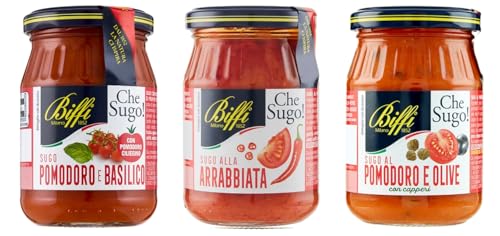 Biffi – Mix Rote Pastasoßen – Tomate-Basilikum 190 g – Arrabbiata (Pomodoro e Peperoncino) 190 g – Tomaten-Oliven-Soße mit Kapern 190 g – Multipack – 3 Gläser 190 g