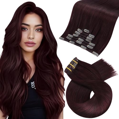 Moresoo Extension Clip Cheveux Naturel Extension Cheveux Rouge à Clips Vin Rouge Cheveux Humain Extension Clips 45 cm Extension Remy Hair Clip 7 Pièces/120g Couleur...
