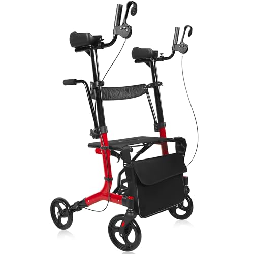 Sunderwell Upright Walker for Seniors & Adults with Seat 450 lb Capacity, Stand Up Walkers Foldable, 19.8 lbs Lightweight, Adjustable Arms, 10-Inch Big Wheels for All Terrain Rollator Walker (Red02)