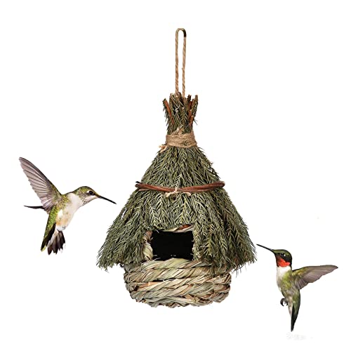 Yiida Kolibri-Haus für draußen, handgewebtes Stroh-Vogelnest, natürliches Gras, kleine Vogel-Dachtaschen, Versteck für Außenbereich, Garten, Balkon, Zweige, Ranken, Zäune (11 x 22 cm)