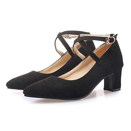MIOKE Women's Pointed Toe Chunky Mid Block Heel Pumps Suede Comfy Cross Strap Mary Jane Elegant Dress Shoes2