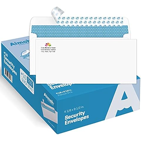 Aimoh 500#10 Custom Printed Security Tinted Self-Seal Envelopes - Personalized with Logo and Address/Return Address Imprinted -Size 4-1/8 X 9-1/2" -White -24 LB -Box of 500 Count (74010) Cover