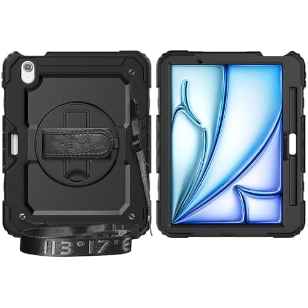 Kompatybilny z iPad Air 11 cali M2 2024 A2902 A2903 A2904 Etui folią ochronną ekranu podpórka pasek na ramię Odporna wstrząsy wytrzymała obudowa 360 obrotowy pasek rękę i ramię Noir