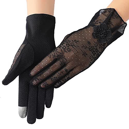 Guantes de encaje negros BEFUR con diseño floral y protección solar