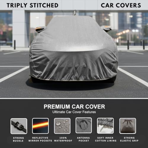 Image of Car Cover Compatible for Hyundai Eon (2011-2019) | 100% Waterproof Cover with Antenna & Reflective Mirror Pockets | Dustproof, Scratchproof, Heatproof Eon Car Cover |Soft Cotton Lining| Grey