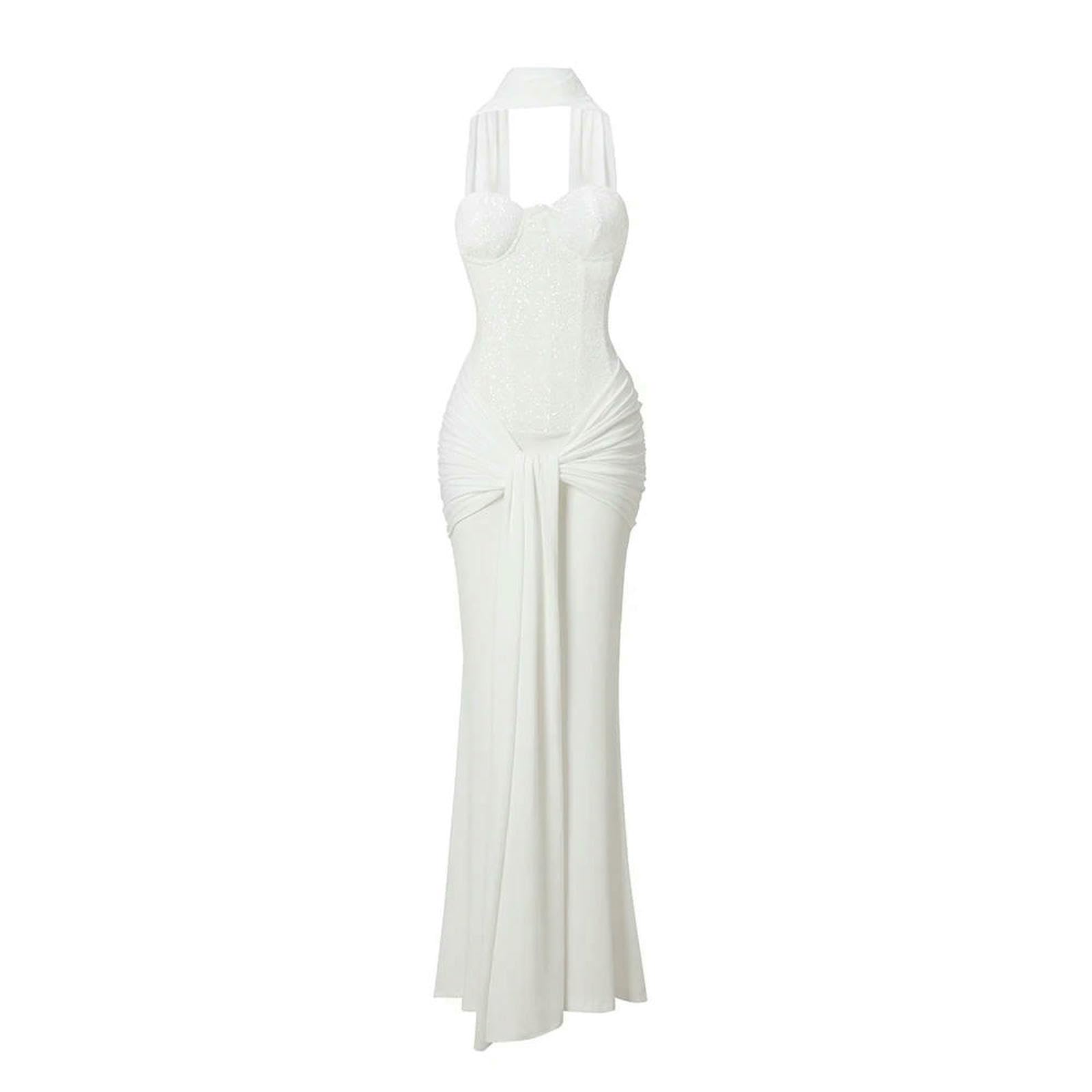 Vestito Donna Velvet Evening Maxi Dress, Elegante Paillette di Lusso Bianco Lungo Abito per Compleanno, Cocktail Party Ed Eventi Formali-White-s