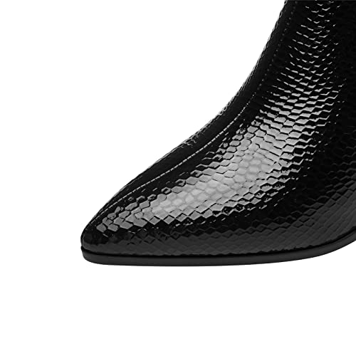 TinaCus Botas femininas de couro envernizado, feitas à mão, bico fino, zíper nas costas, salto carre