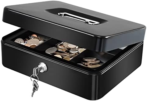 KYODOLED Large Metal Cash Box with Money Tray and Lock,Money Box with Cash Tray,Cash Drawer,9.84"x 7.87"x 3.54" Black Large
