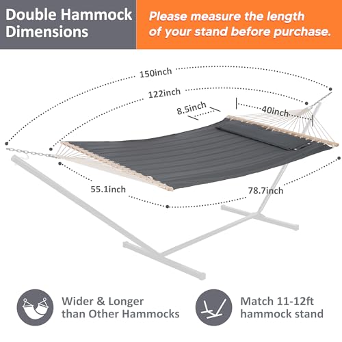 Image of SUNCREAT Portable Tree Hammock with Hardwood Spreader Bar, Extra Large Soft Pillow, Heavy Duty 2 Person Hammock for Indoor, Outdoor, Gray