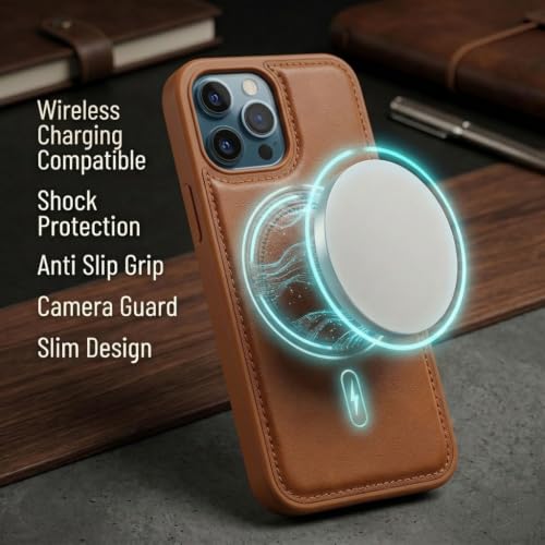 Image of amazon basics Premium PU Leather Case for iPhone 12 Pro Max, MagSafe Compatible Magnetic Ring, Sleek Protective Back Cover - [Tan]