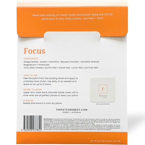 Image of The Patch Remedy Focus Patch | Ginkgo Biloba, Acetyl-L-Carnitine, Bacopa, Magnesium L-Threonate, Green Tea | 30 Patches