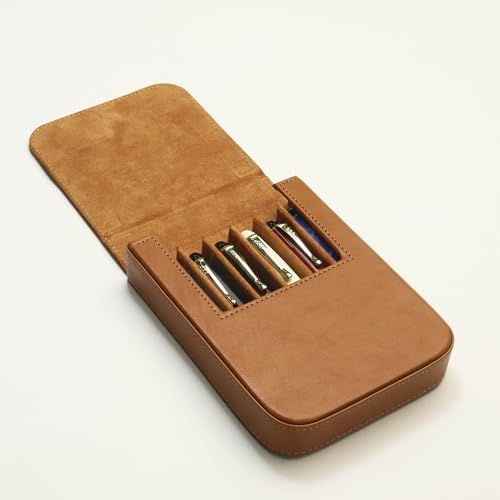 Image of 6Slots Leather Fountain Pen Case Collector Organizer - Handmade Pen Case Vintage Crazy Horse Print Leather Pen Protective Sleeve Cover Pen Storage Gift Box (6slot-Yellow)