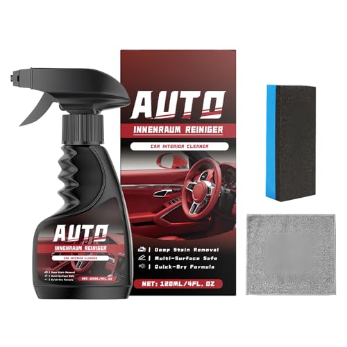 Spray de Detalles de Interior – Kit de Limpieza de Coche de 120 ml con Esponja de Toalla quitamanchas para Tela, Cuero, alfombras, tapicería, Revestimiento de, para la Limpieza de Muebles de